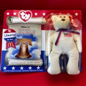 TY McDONALD'S BEANIE BABY "LIBEARTY THE BEAR" WITH PRINTING ERRORS 1996, NEW